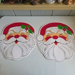 Vntg Town & Country Linen Corp, "Vinyl" Santa Face Placemats 15 In Diam Set Of 2